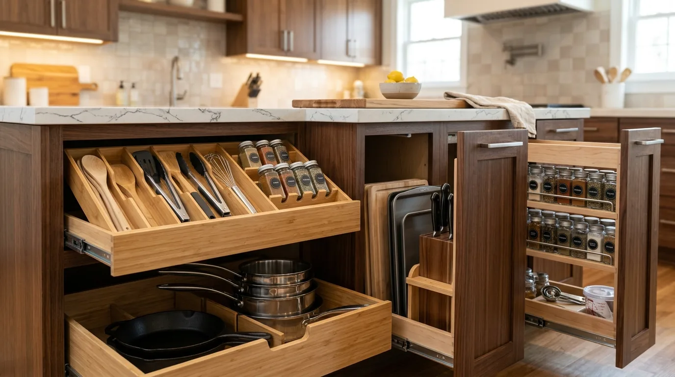 Use waterfall edges when the room needs stronger drama inspiration for a kitchen with an island.